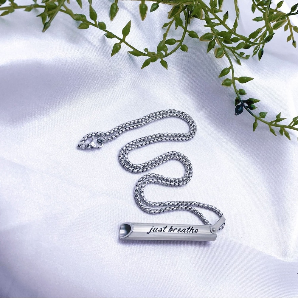 Stainless Steel Silver 'Just Breathe' Pendant Necklace - Men and Women